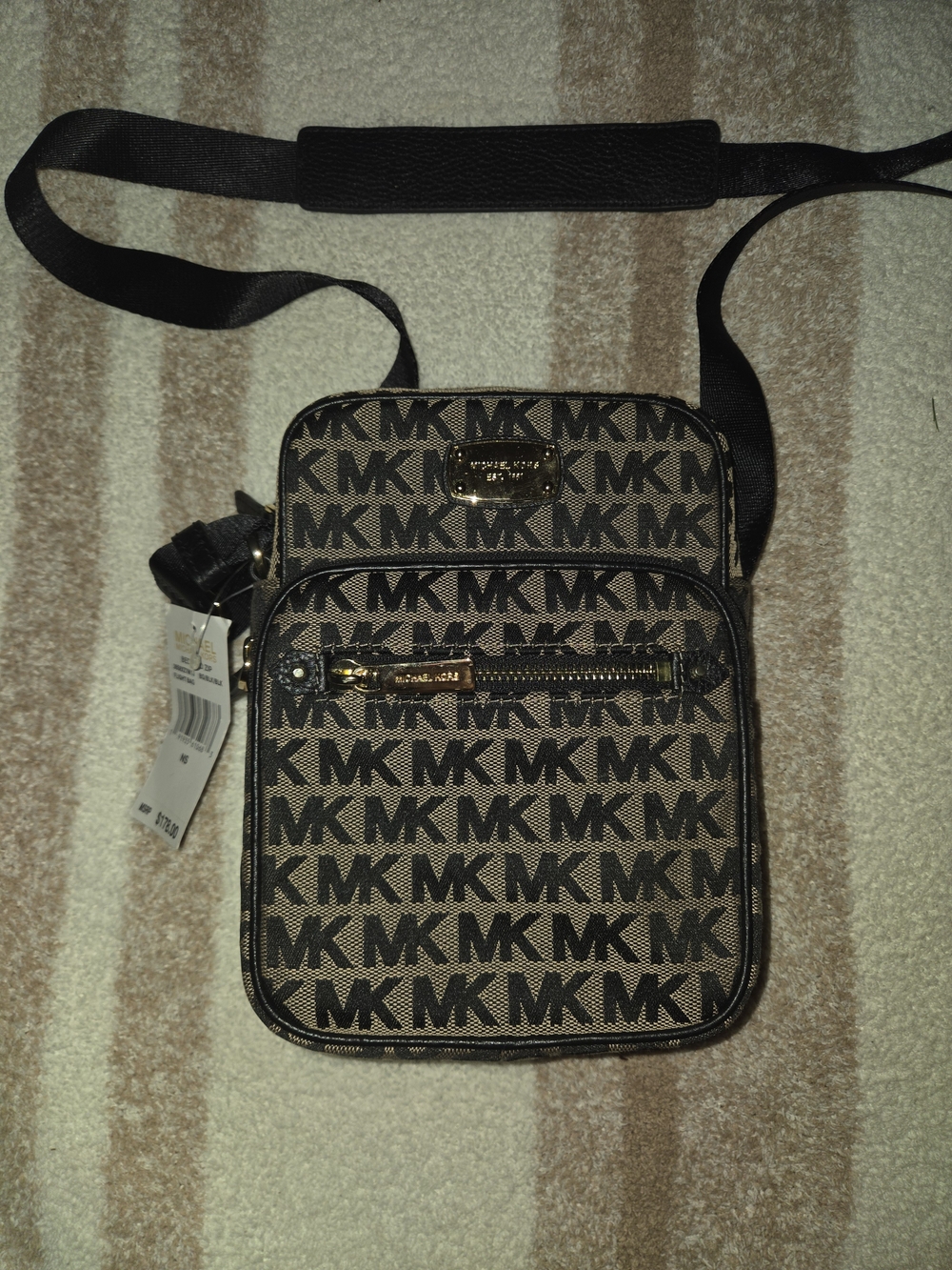 NWT Michael Kors Bedford Zip Flight Bag Signature Jacquard Crossbody BG/BLK